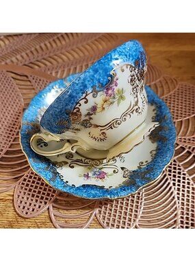 Fine China Turquoise Blue & Gold Wide Footed Cup & Saucer Set Saji Japan